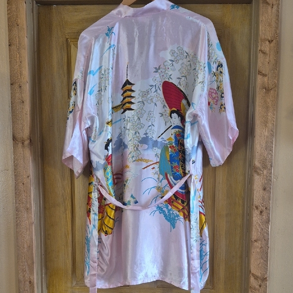 Silk Asian Silk Robe XL With Tie Lightwieght Short Sleeve Design Geisha Vintage - Picture 6 of 7